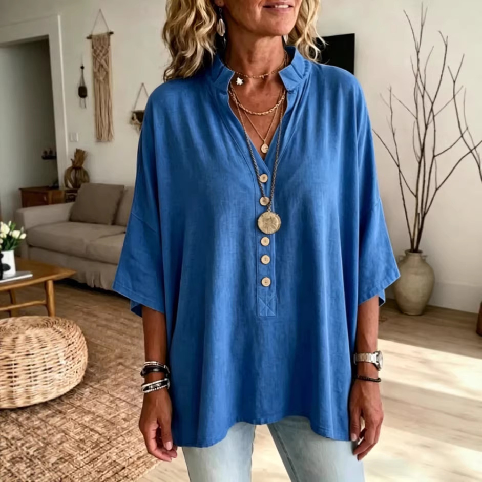 Women's Solid-color V-neck Short sleeve Casual Loose Cotton-linen Top