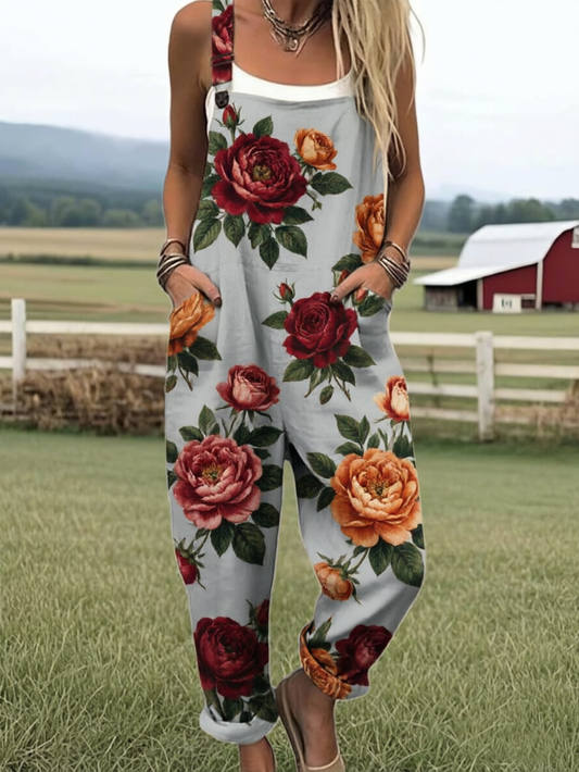 Women's Vintage Rose Print Sleeveless Loose Fit Overalls Jumpsuit