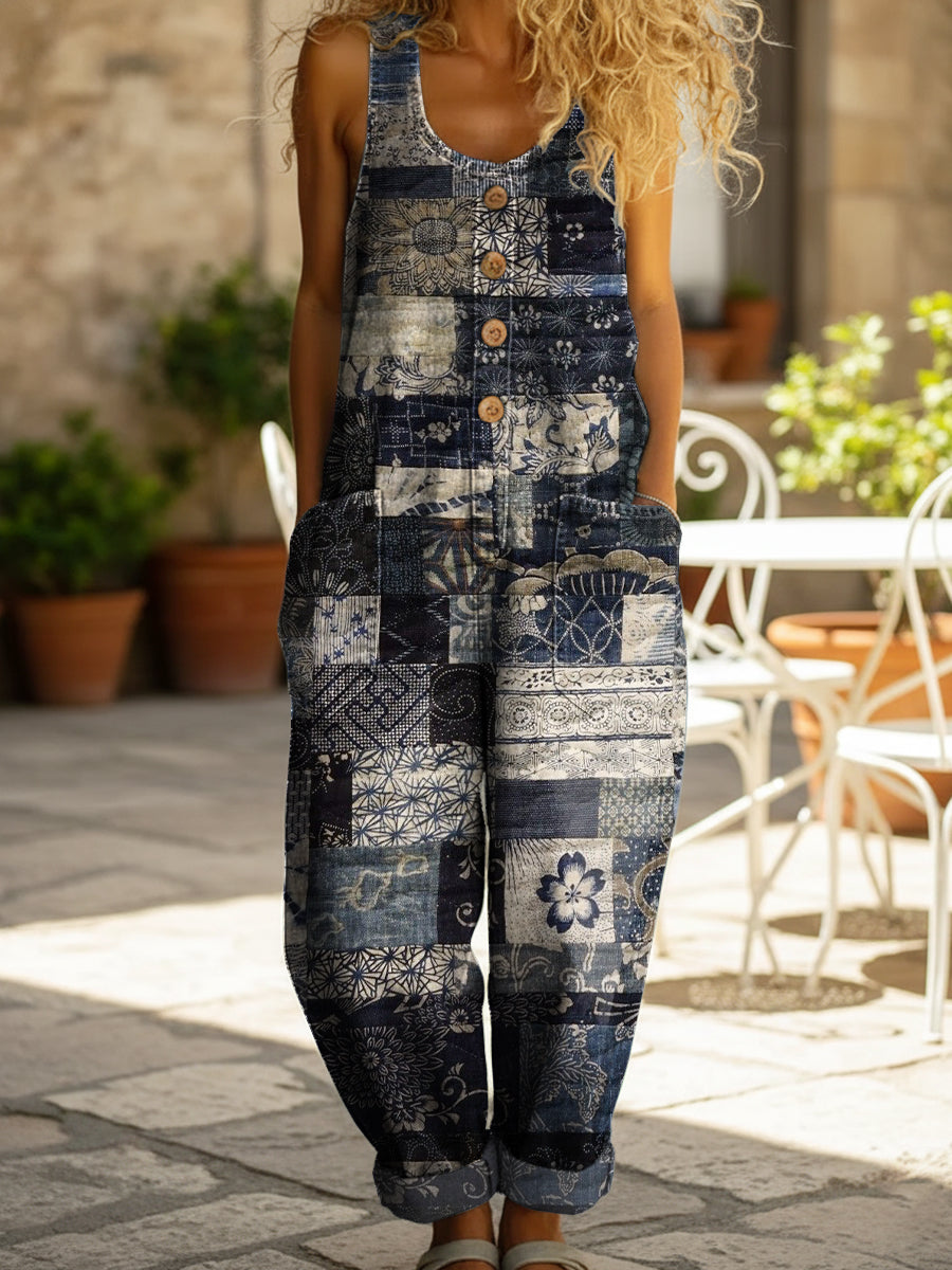 Women's Patchwork Pattern Print Casual Denim Jumpsuit