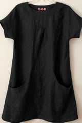 Plain Pockets Round Neck Short Sleeves Blouse
