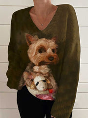 Cute Dog Art Casual V-neck Pullover Knit