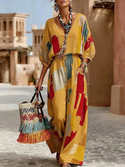 Women's Cotton-linen Two-piece Set: Abstract Geometric Print V-neck 3/4-sleeve Loose-fit Top & High-waisted Wide-leg Pants