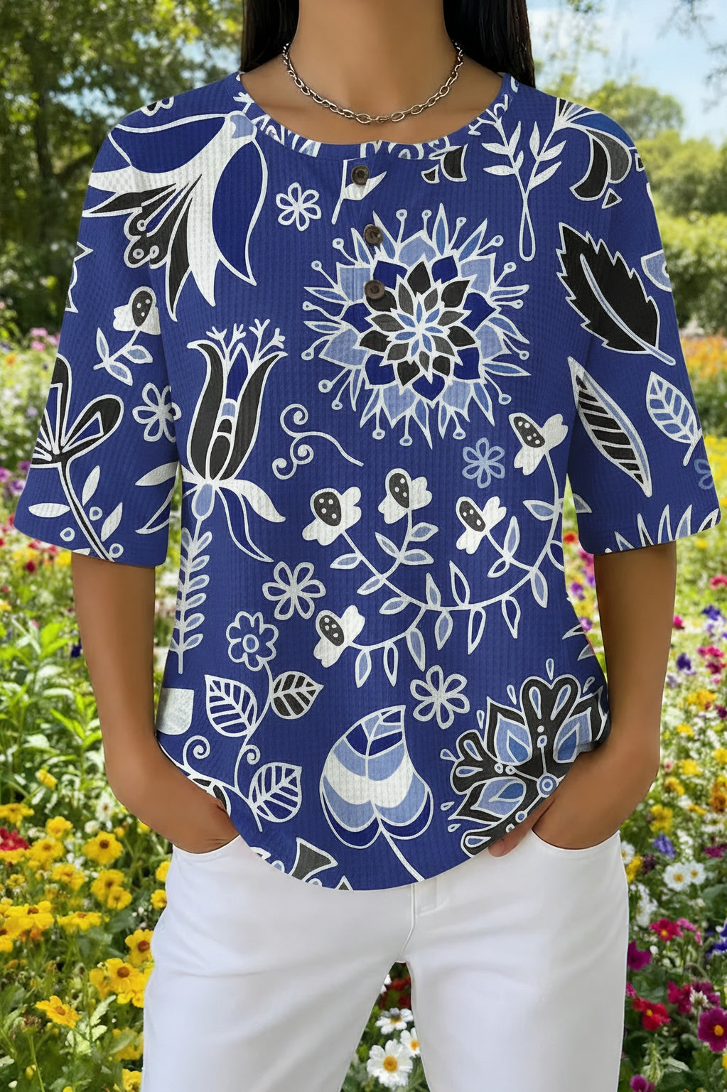 Womens Navy Vintage Floral Pattern Casual Waffle Cotton Shirt