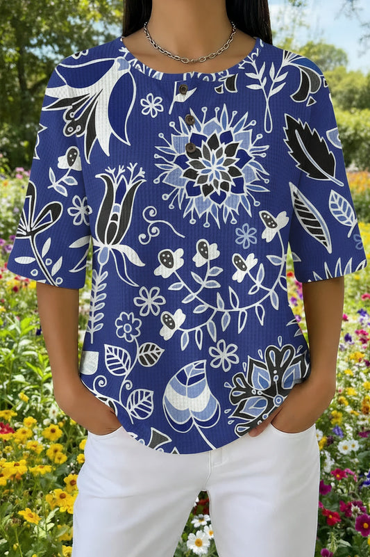 Womens Navy Vintage Floral Pattern Casual Waffle Cotton Shirt