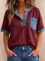 Women's V-neck Short Sleeve Casual Loose Patchwork Top