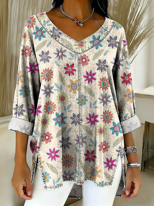 Women's Retro Gradient Flowers Floral Art Patterns Casual Washed Denim  Top
