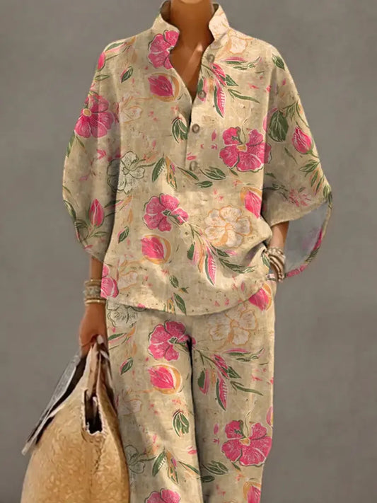 Women's Retro Floral Art Print Casual 3/4 Sleeve Top And Pants Cotton Linen Suits