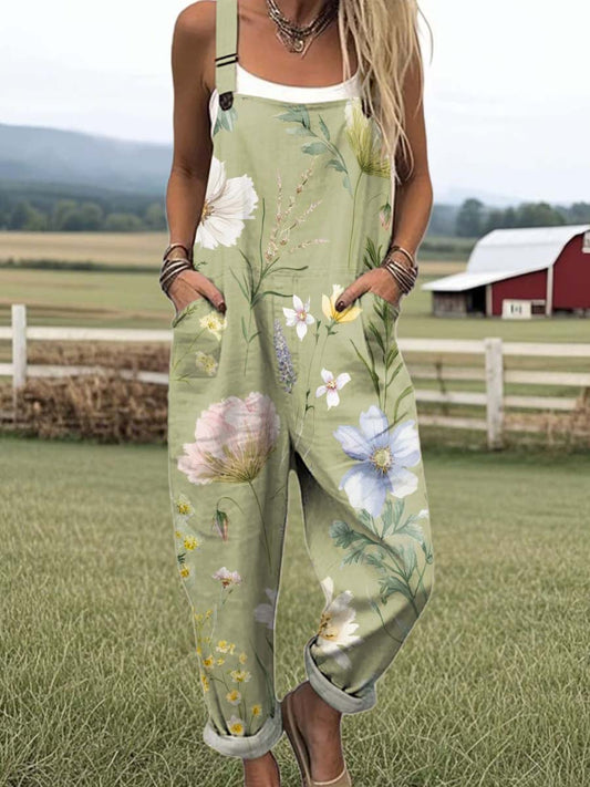Women's Vintage Floral Art Print Casual Cotton Wide Leg Jumpsuit