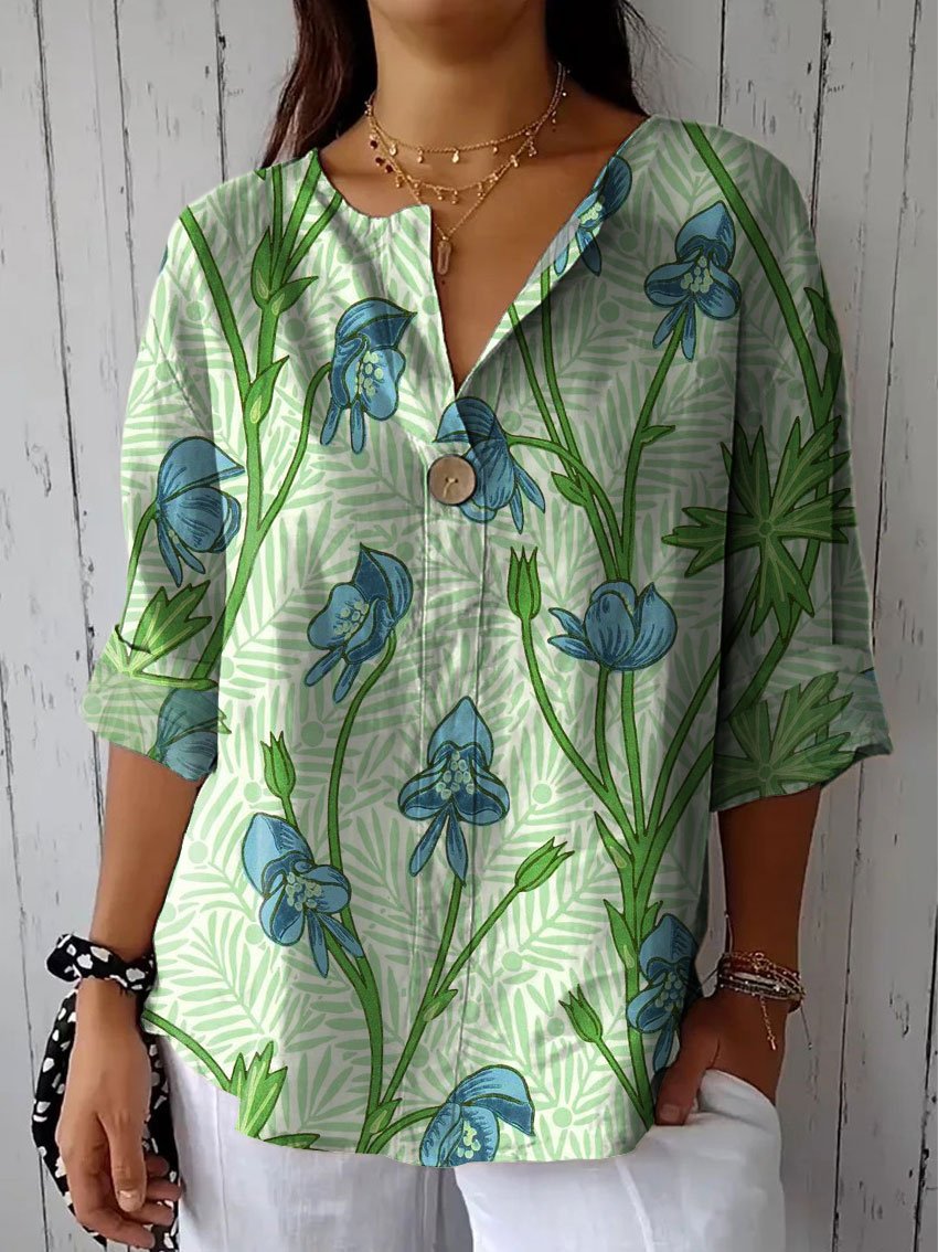 Women's Flower Print Casual Cotton Linen Shirt