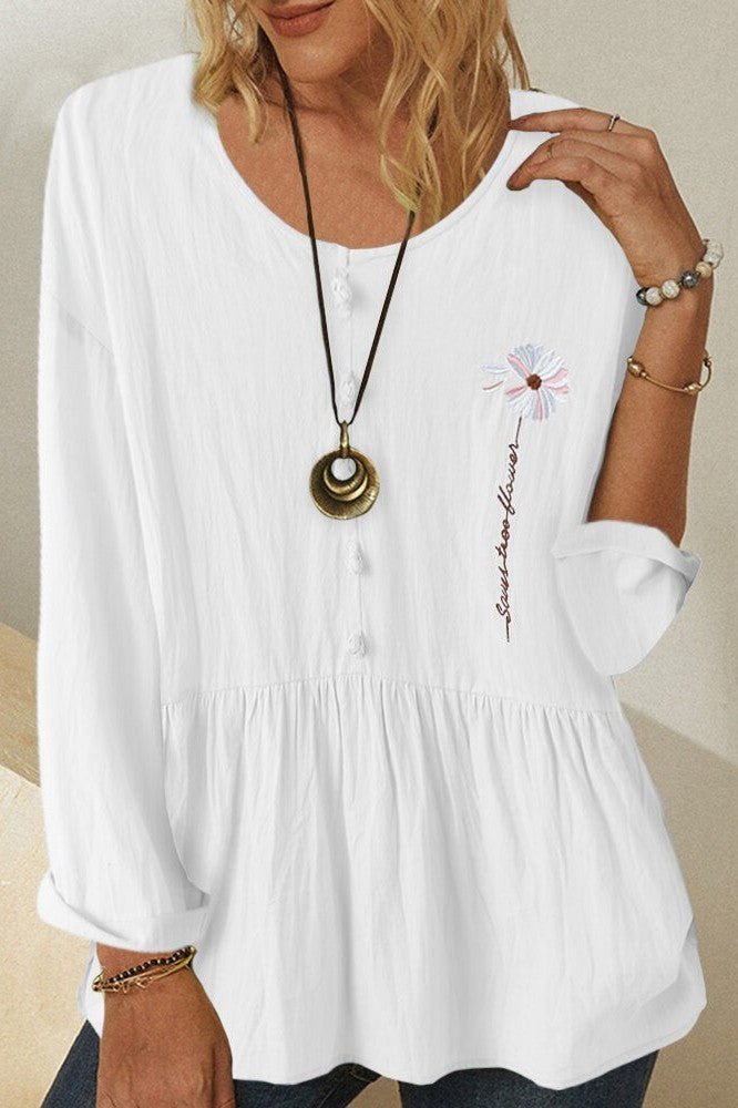 Floral Embroidery Round Neck Long Sleeves Blouse