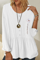Floral Embroidery Round Neck Long Sleeves Blouse