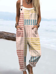 Women's Vintage Abstract Geometric Art Print Casual Cotton Wide Leg Jumpsuit