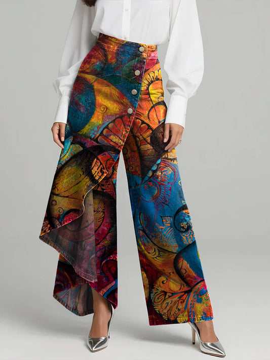Women's Colorful Art Patterns Print High-waisted Relaxed Fit Wide-leg Jeans With A Stylish Design.