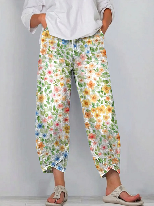 Women's Vintage Floral Pattern Art Print Casual Denim Pants