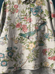 Women's Vintage Floral Birds Art Print Casual Cotton And Linen Shirt