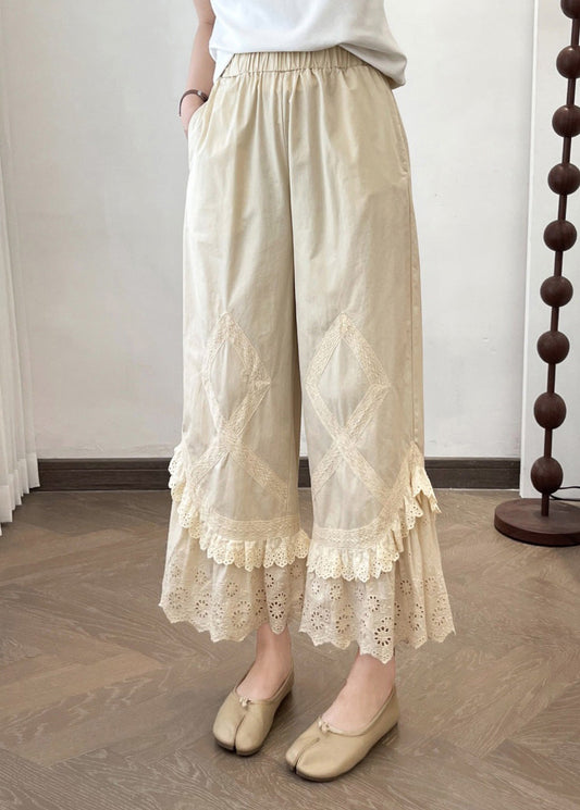 Summer New Apricot Lace Splicing Wide Leg Pants