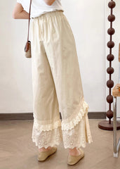 Summer New Apricot Lace Splicing Wide Leg Pants