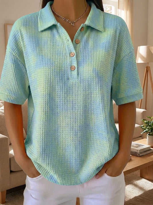 Women's Waffle Knit Polo Collar Short‑Sleeve Casual Blouse
