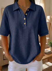 Women's Waffle Knit Polo Collar Short‑Sleeve Casual Blouse