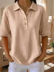 Women's Waffle Knit Polo Collar Short‑Sleeve Casual Blouse