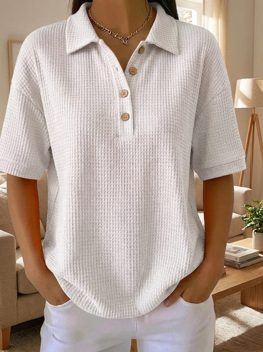Women's Waffle Knit Polo Collar Short‑Sleeve Casual Blouse