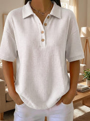 Women's Waffle Knit Polo Collar Short‑Sleeve Casual Blouse
