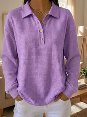 Women's Waffle Knit Henley Polo Long Sleeve Casual Loose Blouse Top