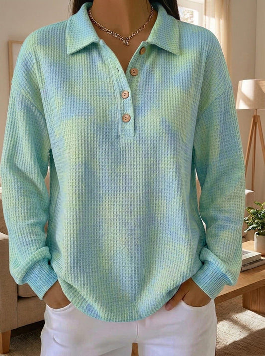 Women's Waffle Knit Henley Polo Long Sleeve Casual Loose Blouse Top