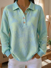 Women's Waffle Knit Henley Polo Long Sleeve Casual Loose Blouse Top