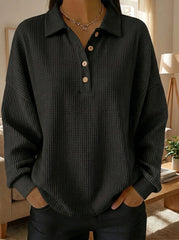 Women's Waffle Knit Henley Polo Long Sleeve Casual Loose Blouse Top