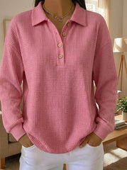 Women's Waffle Knit Henley Polo Long Sleeve Casual Loose Blouse Top