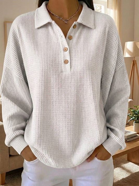 Women's Waffle Knit Henley Polo Long Sleeve Casual Loose Blouse Top