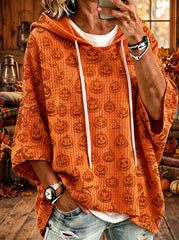 Halloween Pumpkin Waffle Knit Loose Hoodie for Women