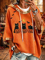 Halloween Black Cat Pumpkin Bat Print Hoodie