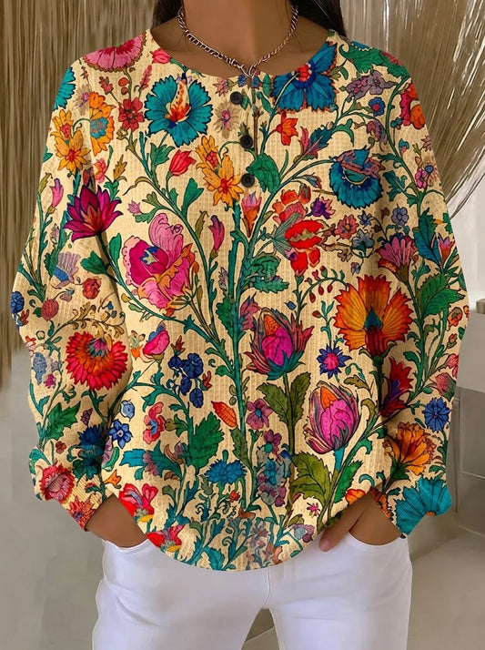 Women Waffle Knit Bright Floral Print Long Sleeve Henley Top