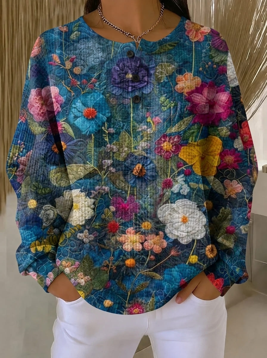 Women Waffle Knit Vintage Floral Long‑Sleeve Casual Top