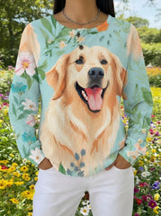 Cute Golden Retriever Waffle Knit Long-Sleeve Top