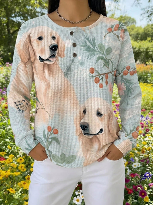 Women's Dog Graphic Waffle Knit Long-Sleeve Top