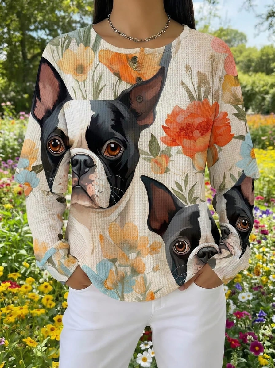 Cute French Bulldog Floral Waffle Knit Top