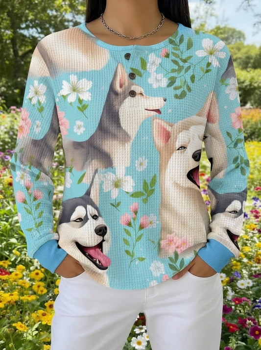 Cool Husky Dog Floral Waffle Knit Top