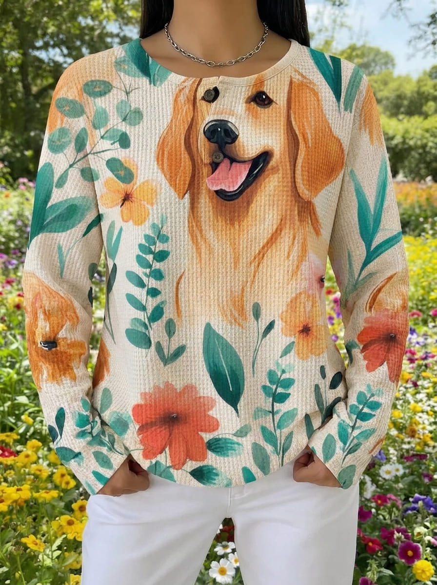 Golden Retriever Garden Floral Waffle Knit Top