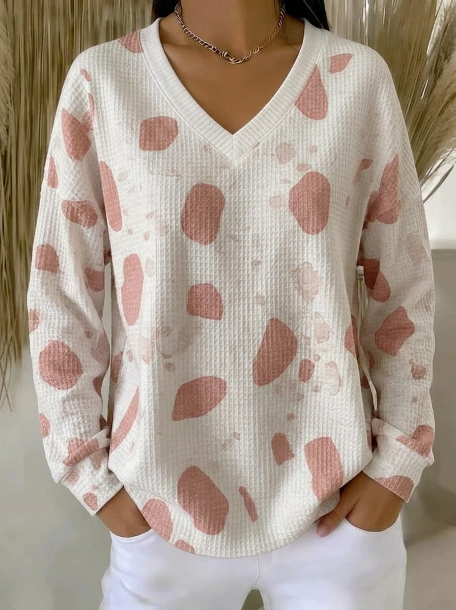 Pink Abstract Dot V-Neck Waffle Top