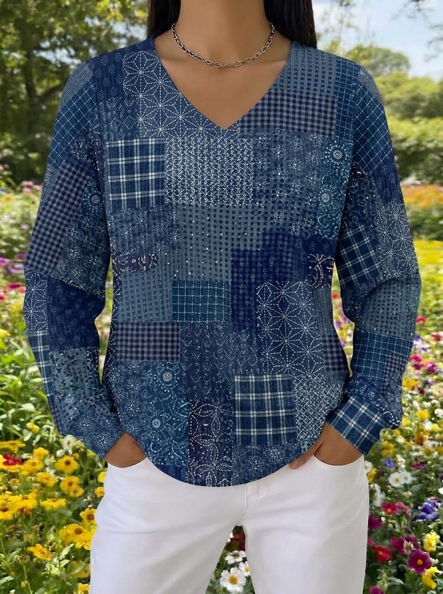 Blue Patchwork V-Neck Waffle Shirt
