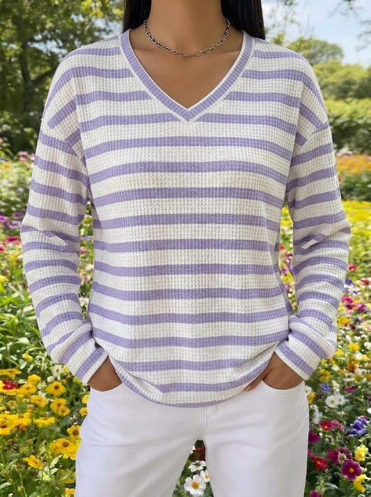 Striped V-Neck Waffle Knit Top