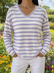 Striped V-Neck Waffle Knit Top