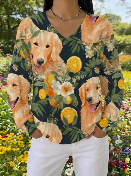 Golden Retriever & Orange V-Neck Top