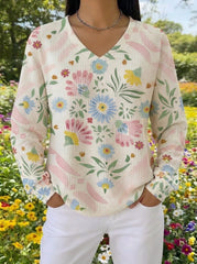 Colorful Floral V-Neck Waffle Shirt
