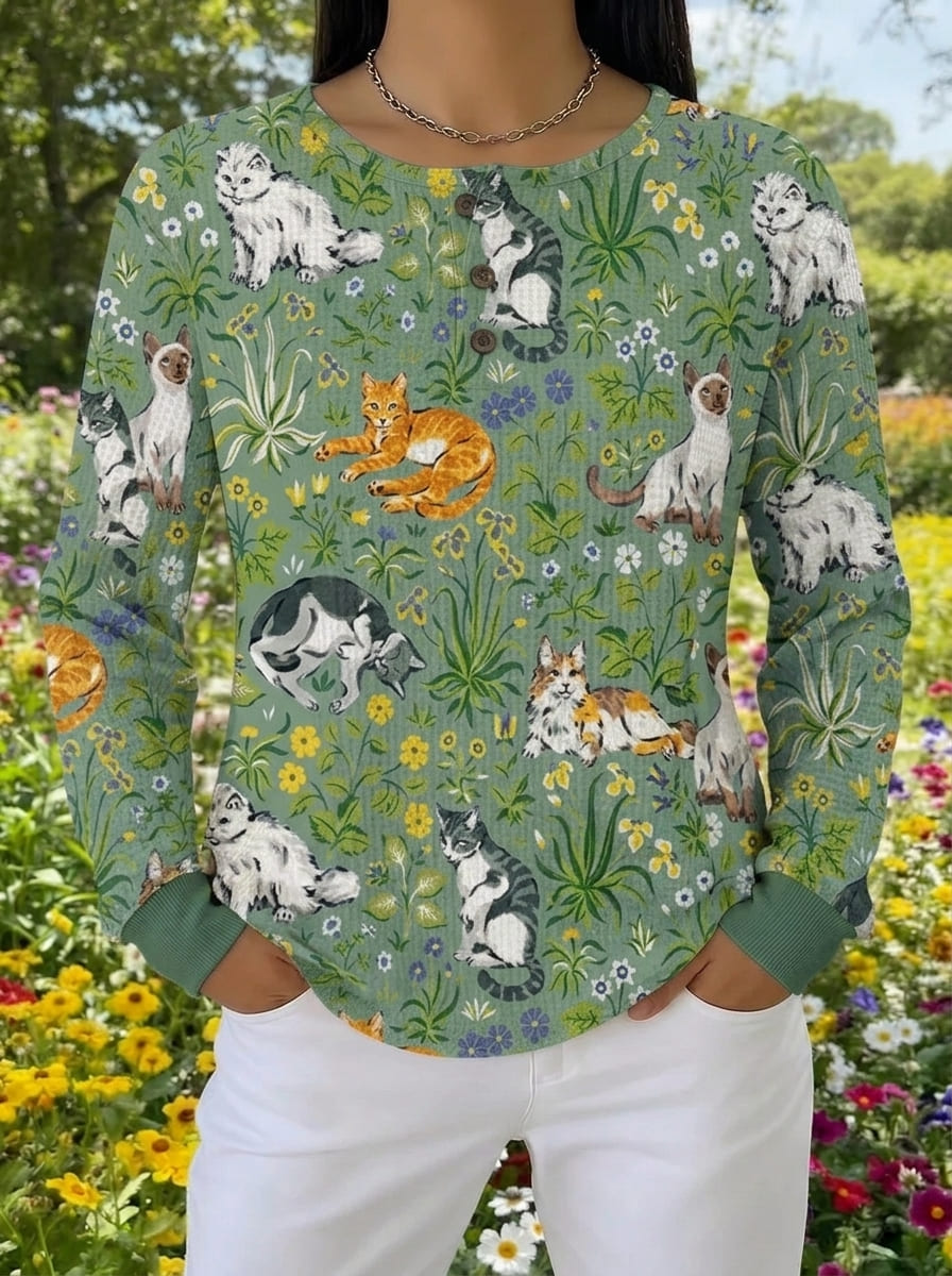 Enchanted Garden & Playful Felines Pattern Henley Top