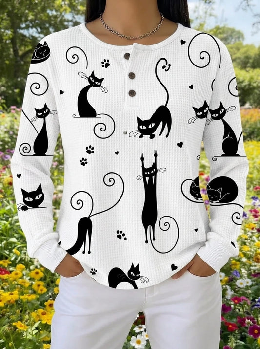 Minimalist Black Cat Doodle Graphic White Henley Top