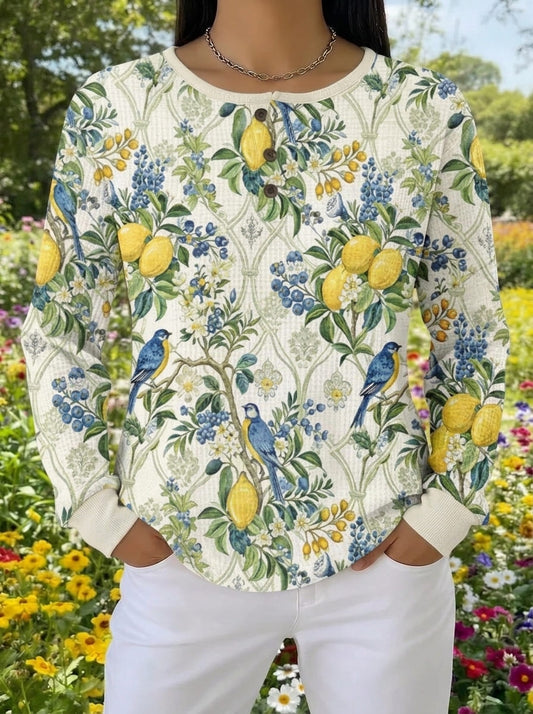 Vibrant Lemon and Bluebird Garden Floral Henley Top